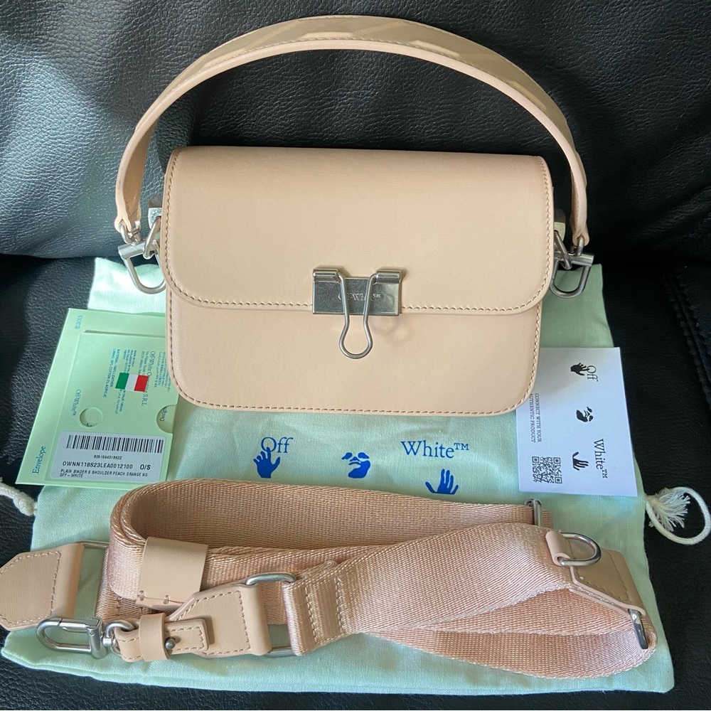 NWT $1710 OFF-WHITE Plain Binder Leather Shoulder Bag in Peach